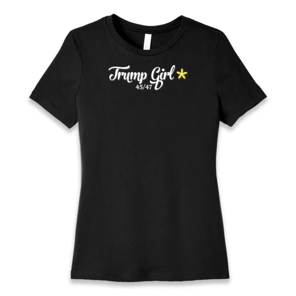 Front flat lay of black Trump Girl 45-47 women's T-shirt - conservative patriotic graphic tee