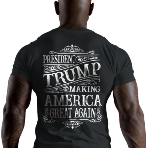 5330-BLK-UNI-M Man wearing black Trump Wild West MAGA 2024 T-Shirt - Unisex cowboy patriotic graphic tee for Trump supporters - Back Design