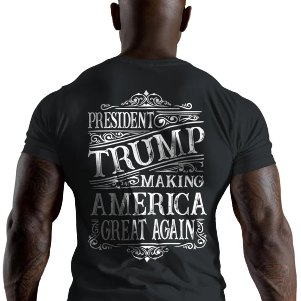 Man wearing black Trump Wild West MAGA 2024 T-Shirt - Unisex cowboy patriotic graphic tee for Trump supporters - Back Design