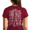 Woman wearing antique cherry red Trump Wild West MAGA Women's T-shirt - Unisex cowboy patriotic graphic tee - design on back