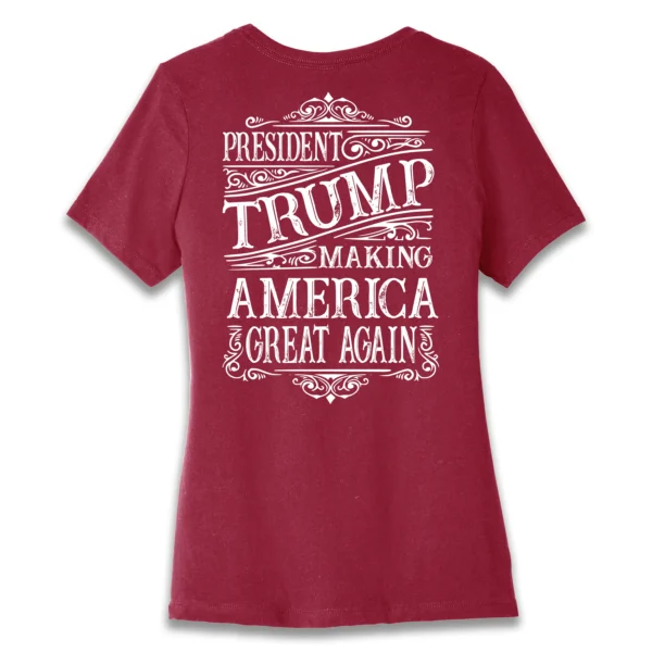 Back flat lay of red Trump Wild West MAGA women's T-shirt - cowgirl patriotic graphic tee