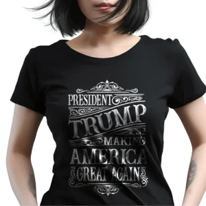 Woman wearing black Trump Wild West Women's T-shirt front view - Unisex MAGA patriotic graphic tee - design on front