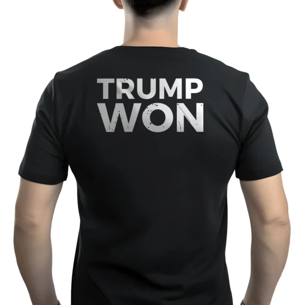 Man wearing black Trump Won 2024 T-Shirt - Unisex patriotic victory graphic tee for Trump supporters - White Design on Back