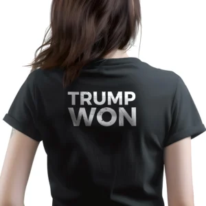 Woman wearing black Trump Won Women's T-shirt - Unisex conservative victory patriotic graphic tee