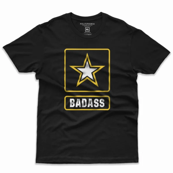 Front Flat lay of black US Army Badass Military unisex T-shirt - patriotic veteran graphic tee