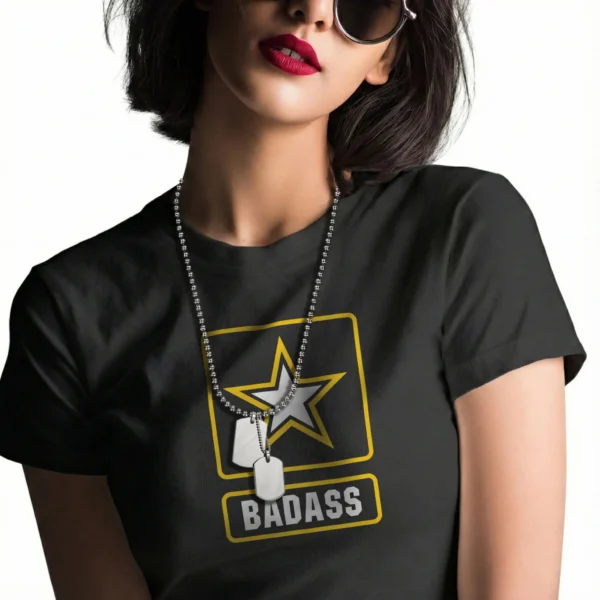 Woman wearing black US Army Badass Military T-Shirt - Unisex patriotic veteran graphic tee on female model - yellow and white design on front