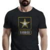 Man wearing black US Army Badass Military T-Shirt - Unisex patriotic veteran graphic tee - Yellow Green Logo on Front Chest
