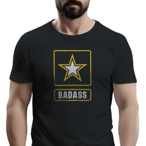 5350-BLK-UNI-M Man wearing black US Army Badass Military T-Shirt - Unisex patriotic veteran graphic tee - Yellow Green Logo on Front Chest