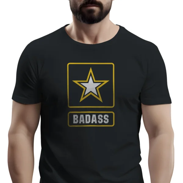 Man wearing black US Army Badass Military T-Shirt - Unisex patriotic veteran graphic tee - Yellow Green Logo on Front Chest