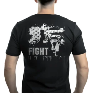 Man wearing black Trump Fight Fight Fight 2024 T-Shirt - Unisex patriotic resilience graphic tee for Trump supporters - back monocolor design