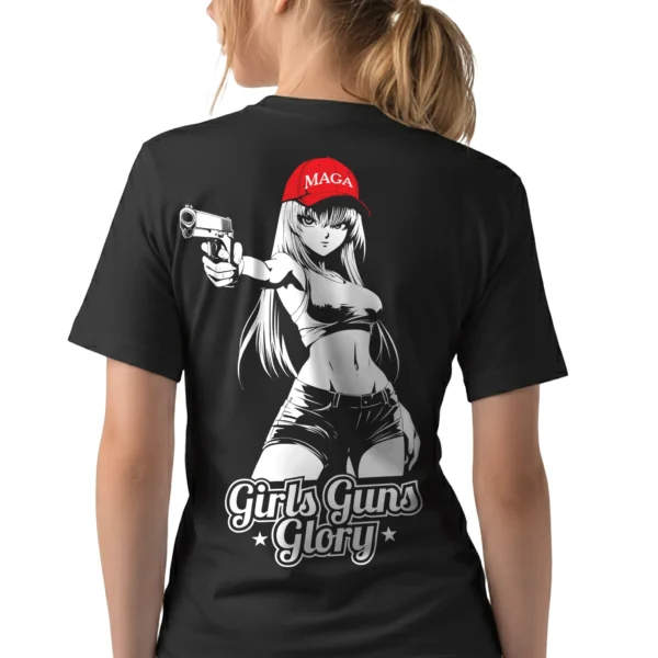 5370-BLK-UNI-F Woman wearing black MAGA Girls Guns Glory T-Shirt - Anime Trump 2025 unisex patriotic graphic tee on female model