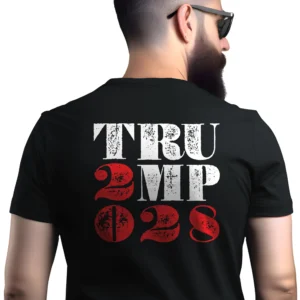 Man wearing black Trump 2028 Big T-Shirt - Unisex MAGA victory patriotic graphic tee