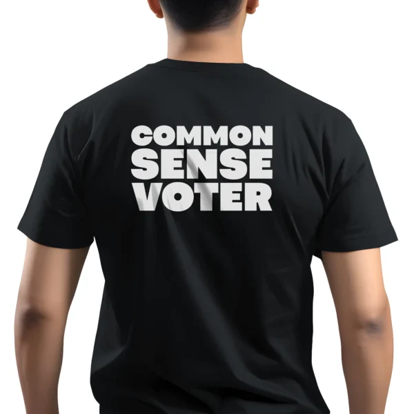 Man wearing black Common Sense Voter T-Shirt - Unisex conservative patriotic graphic tee - White Back Design