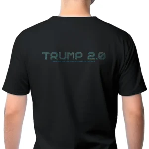 Man wearing black Trump 2.0 Reboot T-Shirt - Unisex tech graphic patriotic graphic tee - light blue and grey logo on Back