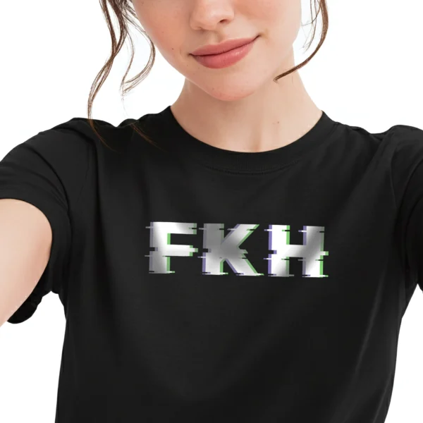 Woman wearing black FKH Glitch T-Shirt - Anti Harris unisex conservative political graphic tee on female model