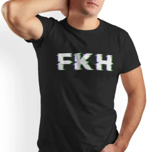 Man wearing black FKH Glitch T-Shirt - Anti Kamala Harris unisex conservative political graphic tee - Glitch Design on Front
