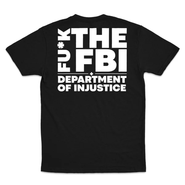 Back Flat lay of black Defund the FBI & Department of Injustice unisex T-shirt - pro-Trump conservative graphic tee