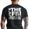 Man wearing black Defund the FBI & Department of Injustice T-Shirt - Unisex pro-Trump patriotic graphic tee - white design on back