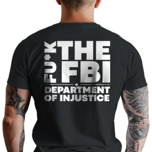 Man wearing black Defund the FBI & Department of Injustice T-Shirt - Unisex pro-Trump patriotic graphic tee - white design on back