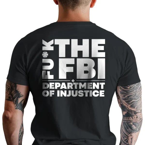 Man wearing black Defund the FBI & Department of Injustice T-Shirt - Unisex pro-Trump patriotic graphic tee - white design on back