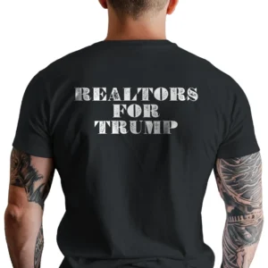 Man wearing black Realtors for Trump Rugged T-Shirt - Unisex pro-Trump patriotic graphic tee for real estate professionals