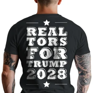 Man wearing black Realtors for Trump 2028 T-Shirt - Unisex pro-Trump patriotic graphic tee for real estate professionals