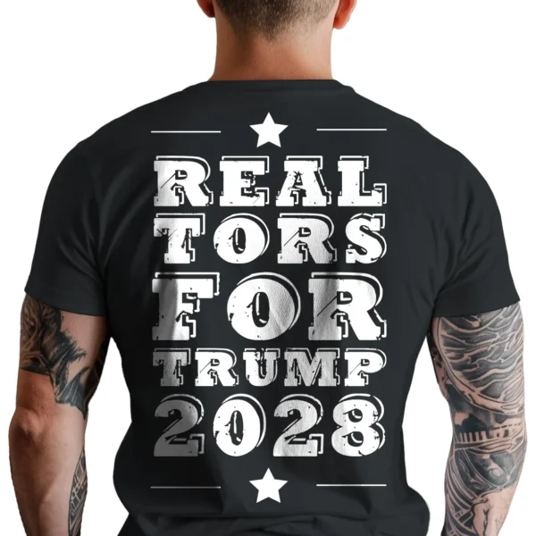 Man wearing black Realtors for Trump 2028 T-Shirt - Unisex pro-Trump patriotic graphic tee for real estate professionals