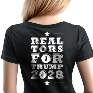 Woman realtor wearing black Realtors for Trump 2028 Women's T-shirt - Unisex pro-Trump real estate patriotic graphic tee