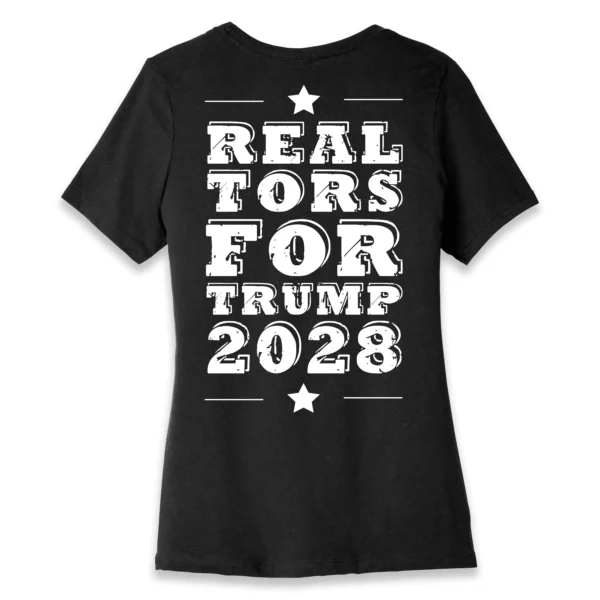 Back flat lay of black Realtors for Trump 2028 women's T-shirt - pro-Trump real estate patriotic graphic tee