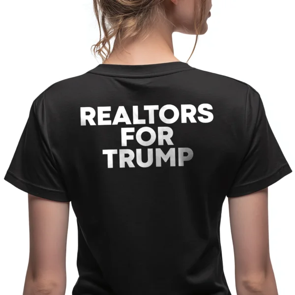 Woman real estate agent wearing black Realtors for Trump Modern T-Shirt - Unisex pro-Trump patriotic graphic tee for real estate professionals on female model