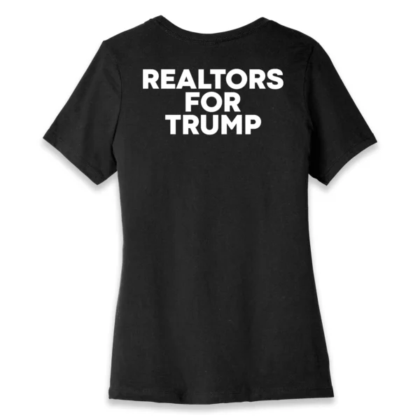 Back flat lay of black Realtors for Trump Modern women's T-shirt - modern pro-Trump real estate graphic tee