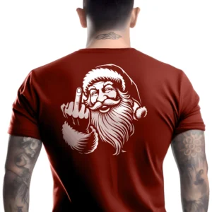 Man wearing antique cherry red Naughty Santa Christmas T-Shirt - Unisex funny holiday graphic tee - santa logo in white