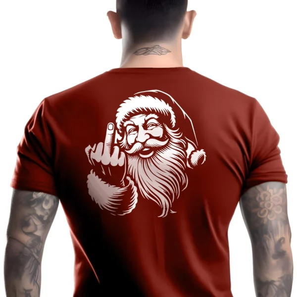 Man wearing antique cherry red Naughty Santa Christmas T-Shirt - Unisex funny holiday graphic tee - santa logo in white