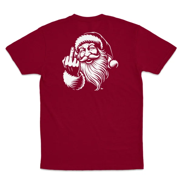 Back Flat lay of antique cherry red Naughty Santa Christmas unisex T-shirt - funny holiday graphic tee