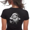 Woman wearing black Naughty Santa Christmas T-Shirt - Unisex funny holiday graphic tee on female model