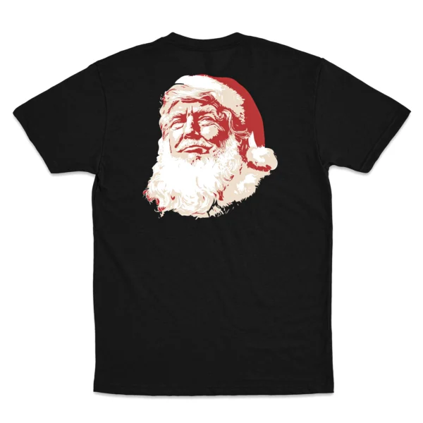 Back Flat lay of black Trump Santa Christmas unisex T-shirt - funny patriotic holiday graphic tee