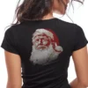 Woman wearing black Trump Santa Christmas T-Shirt - Unisex funny holiday patriotic graphic tee on female model - red and white design on back