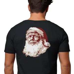 Man wearing black Trump Santa Christmas T-Shirt - Unisex funny holiday patriotic graphic tee - design on back of shirt