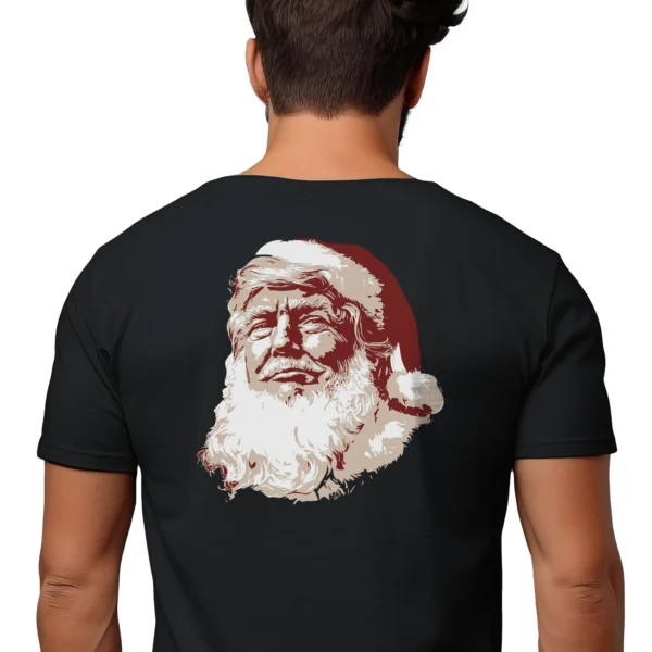Man wearing black Trump Santa Christmas T-Shirt - Unisex funny holiday patriotic graphic tee - design on back of shirt