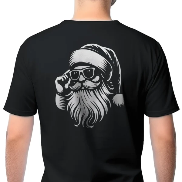 5445-BLK-UNI-M Man wearing black Arizona Santa Sunglasses T-Shirt - Unisex funny holiday patriotic graphic tee - White Design on Back