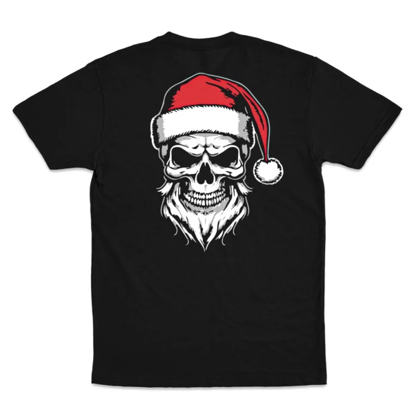 Back Flat lay of black Armed Forces Santa Skull unisex T-shirt - military patriotic holiday graphic tee