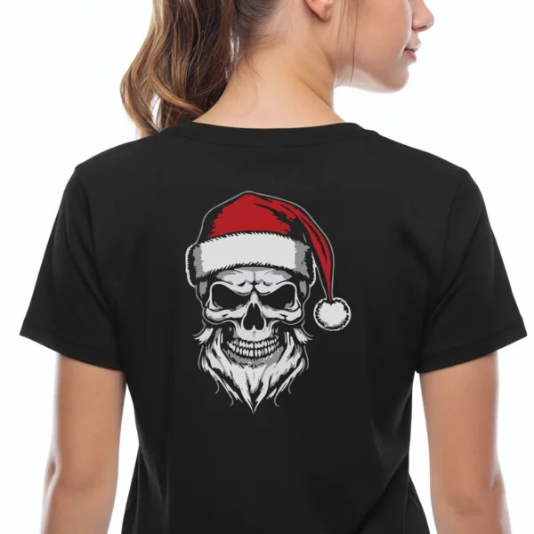 Woman wearing black Armed Forces Santa Skull T-Shirt - Unisex military holiday patriotic graphic tee on female model