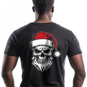 Man wearing black Armed Forces Santa Skull T-Shirt - Unisex military holiday patriotic graphic tee - Red and White Logo on Back