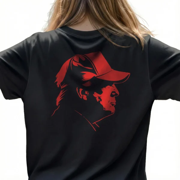Woman wearing black Donald Trump Red Profile T-Shirt - Unisex MAGA patriotic graphic tee on female model