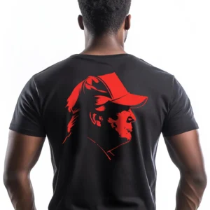 5460-BLK-UNI-M Man wearing black Donald Trump Red Profile T-Shirt - Unisex MAGA patriotic graphic tee - Red Trump Icon on Back