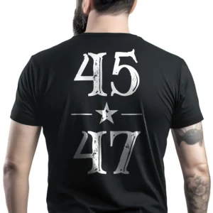 5465-BLK-UNI-M Man wearing black Trump 45 47 Victory T-Shirt - Unisex MAGA patriot graphic tee celebrating Trump's historic terms - White logo on back