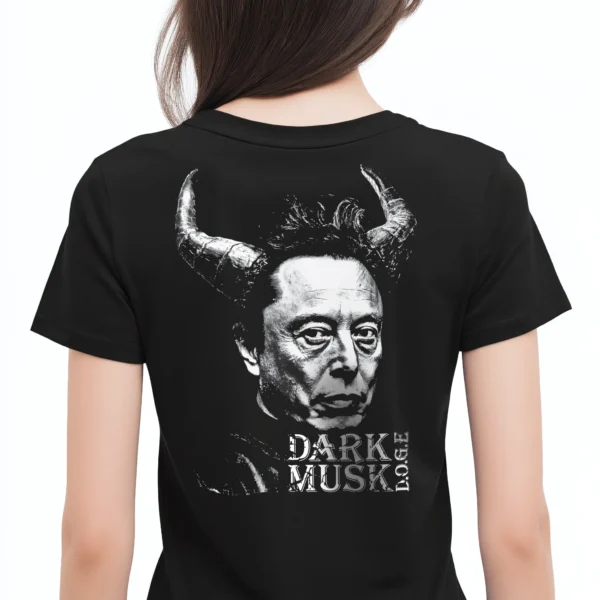 Woman wearing black Dark Musk Doge T-Shirt - Unisex meme political satire graphic tee on female model