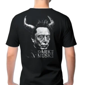 Man wearing black Dark Musk Doge T-Shirt - Unisex meme political satire graphic tee - Elon Musk Graphic on Back