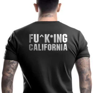 Man wearing black Anti California T-Shirt - Unisex conservative statement patriotic graphic tee - white text on back