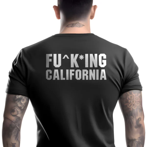 5480-BLK-UNI-M Man wearing black Anti California T-Shirt - Unisex conservative statement patriotic graphic tee - white text on back